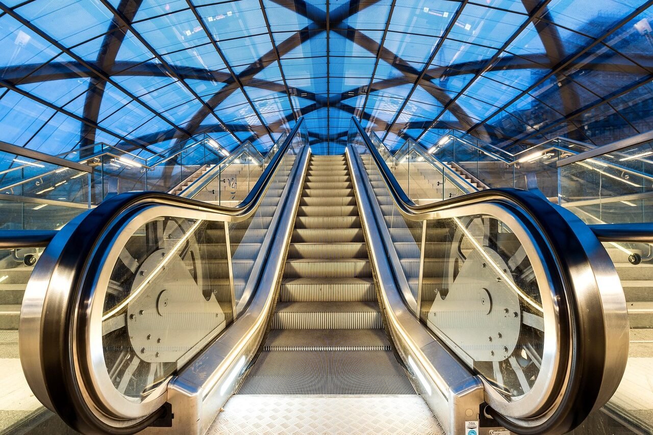 station, escalator, stairs, subway, metro, architecture, cityscape, transport, modern, futuristic, building, steel construction, germany, hamburg